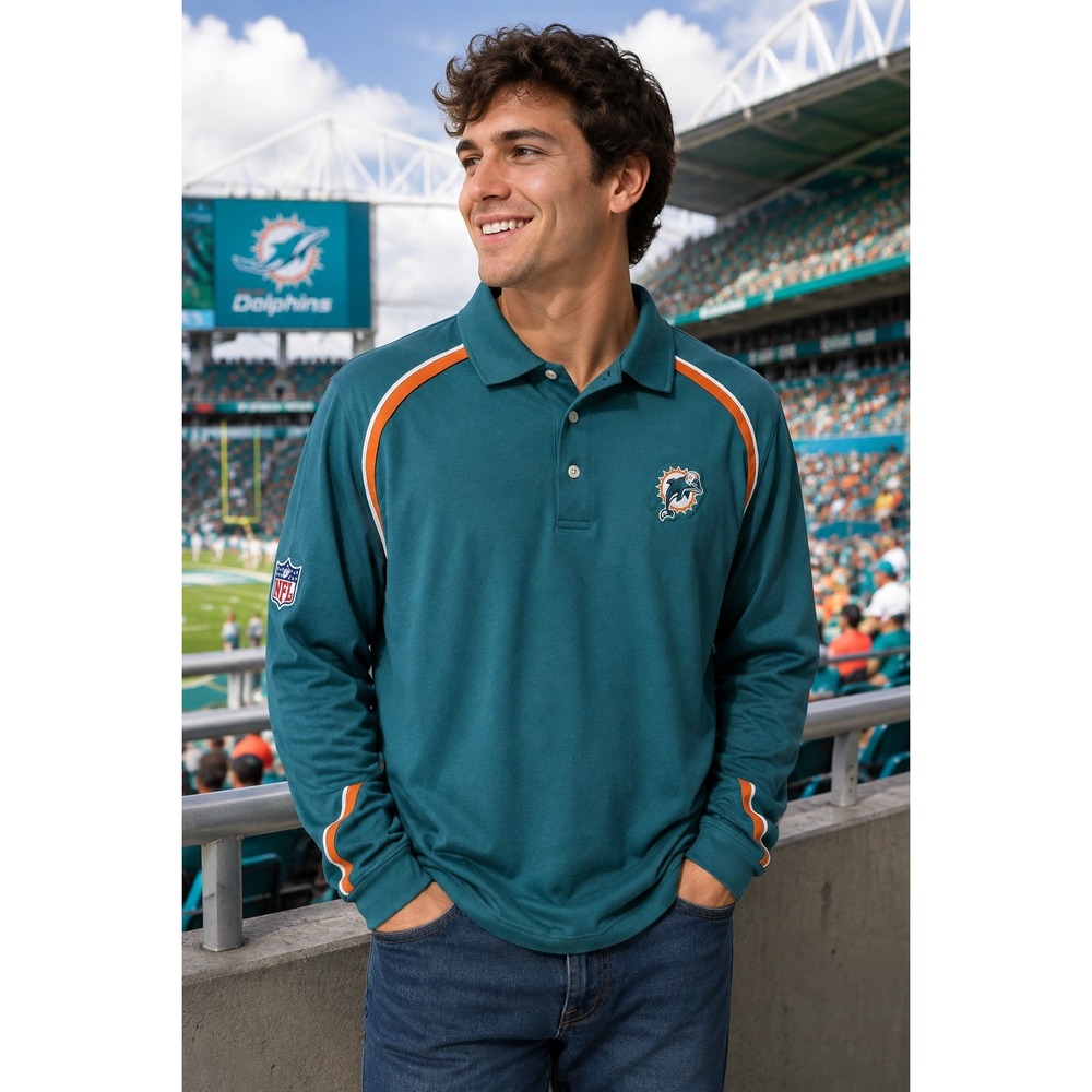 Reebok Miami Dolphins Throwback Retro NFL Team Logo Long Sleeve Polo Mens XL
